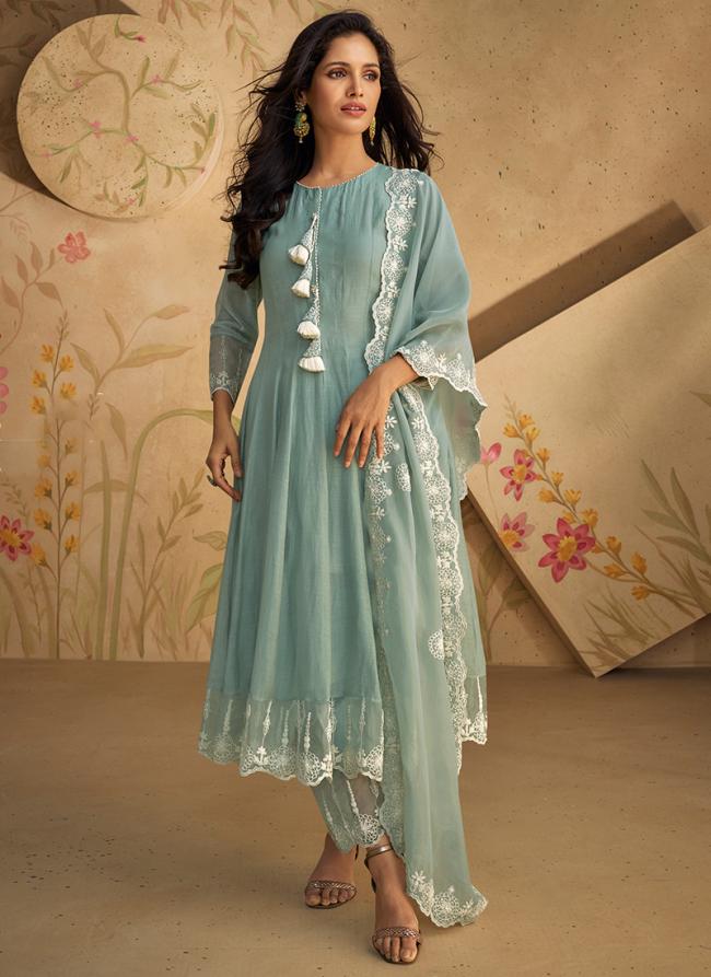 Pure Silk Dusty Blue Festival Wear Embroidery Work Readymade Anarkali Suit